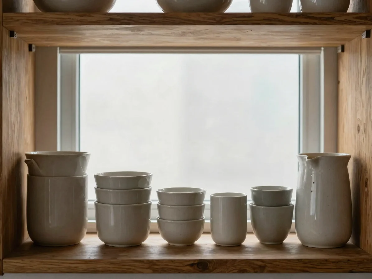 Fotografia editorial natural de uma prateleira de cozinha organiz